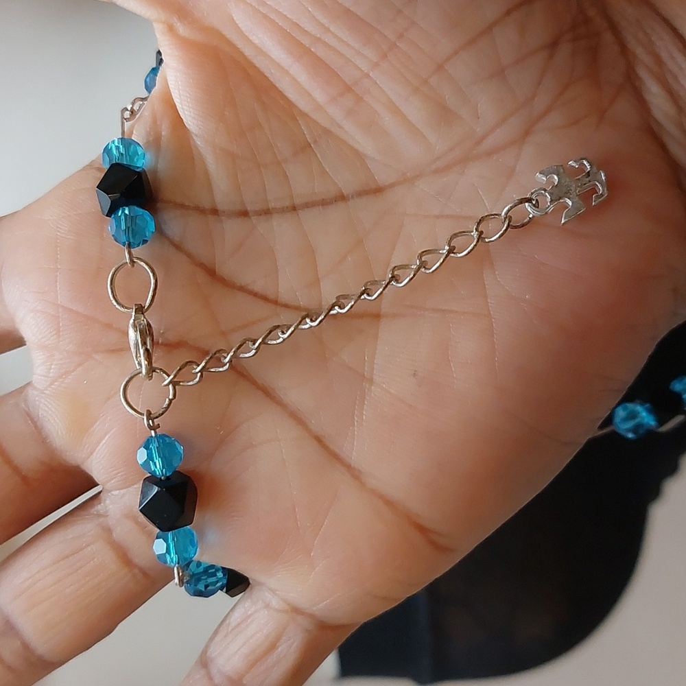 Black with Blue Swarovski Like Crystal Bead Necklace with Sea Glass Slab Pendant - Picture 5 of 6
